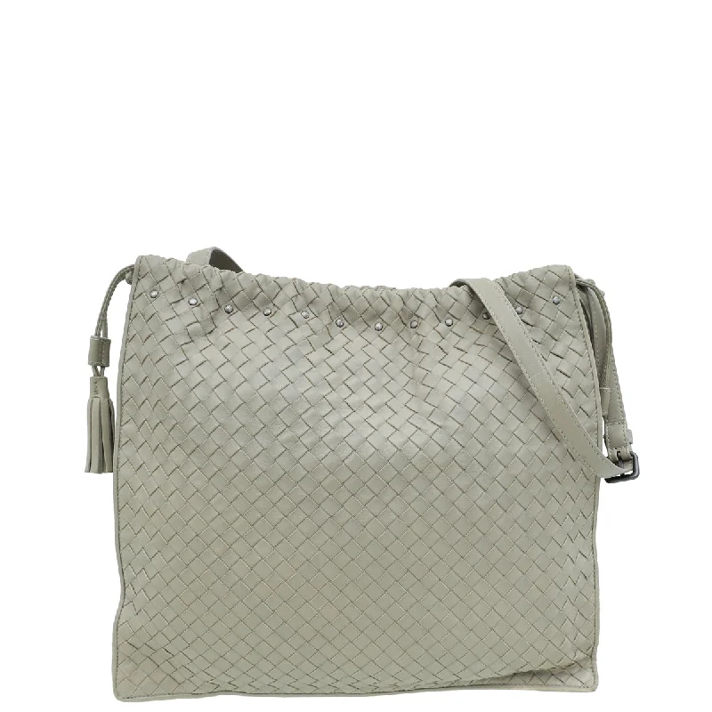 Trend Forward Threads Bottega Veneta Grey Intrecciato Drawstring Tassel Crossbody Bag