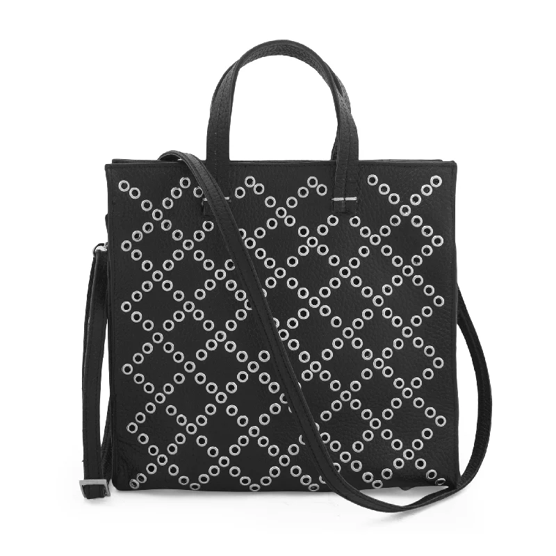 Casual Fashion Studded Grommet-Black Leather Tote Mini