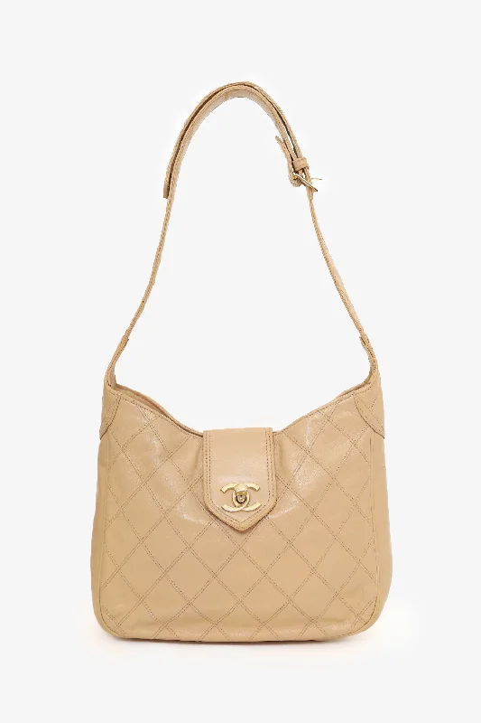 End-Of-Season Clearance Pre-Loved Chanel™ 1986-88 Beige Quilted Lambskin CC Hobo Shoulder Bag with Pouch