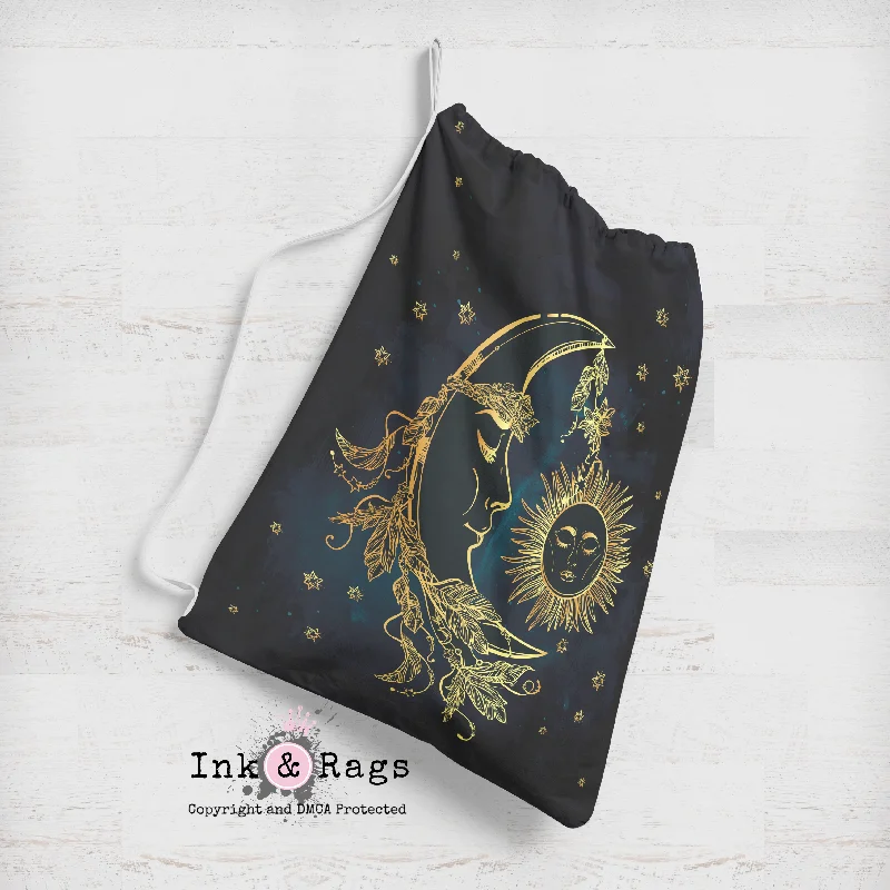 Limited Edition Boho Midnight Black Teal with Gold Sun Moon and Stars Sacks