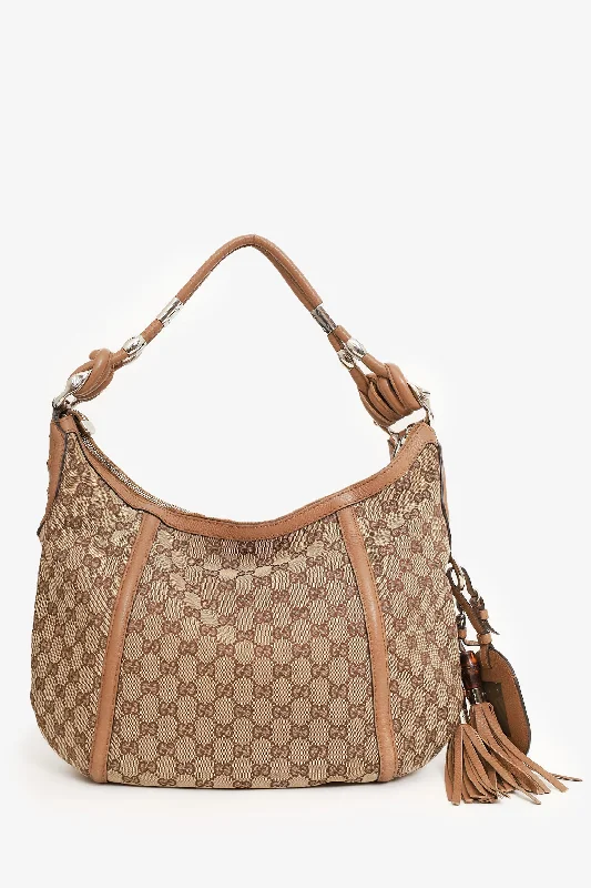 Trendy Bags For Teenage Girls Gucci Beige/Camel GG Canvas Medium Techno Horsebit Hobo Bag