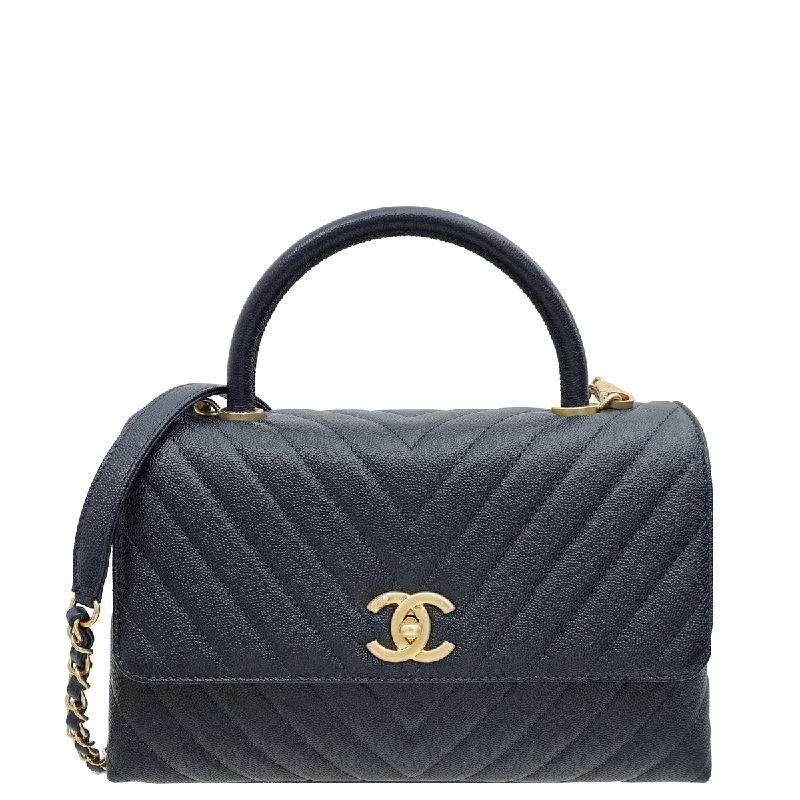 Chic And Trendy Chanel Navy Blue Chevron Coco Handle Large Bag