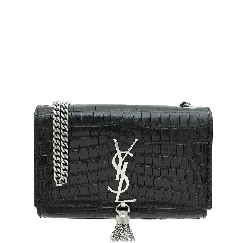 Bags For Urban And Trendy Looks YSL Black Croco Embossed Kate Tassel Small Chain Bag