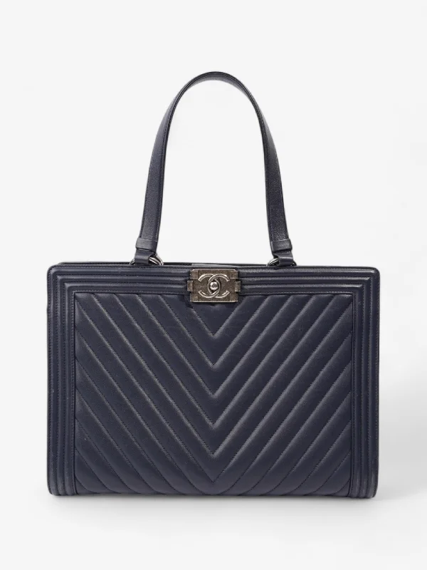 Huge Markdowns Chanel Boy Tote Navy Blue Lambskin Leather