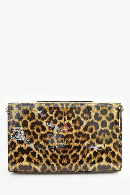 Athleisure Style Sale Christian Louboutin Brown Leopard Print Patent Leather Vanite Clutch with Chain