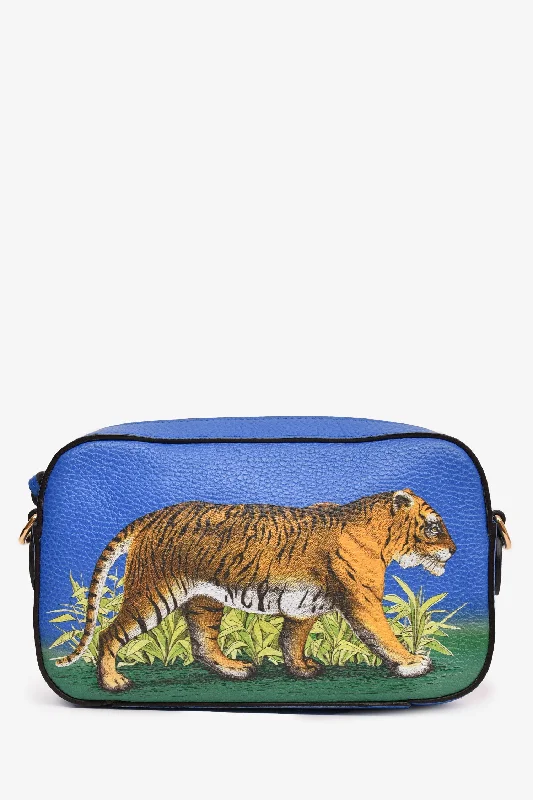 On-Trend Fashion Offers Gucci Blue Grained Leather Tiger Painted Web Strap Sylvie Crossbody