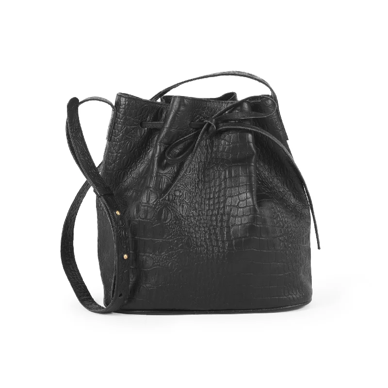Minimalist Leather Bag For Modern Aesthetics Lacy-Croco Embossed Genuine Leather Bucket Bag-Black