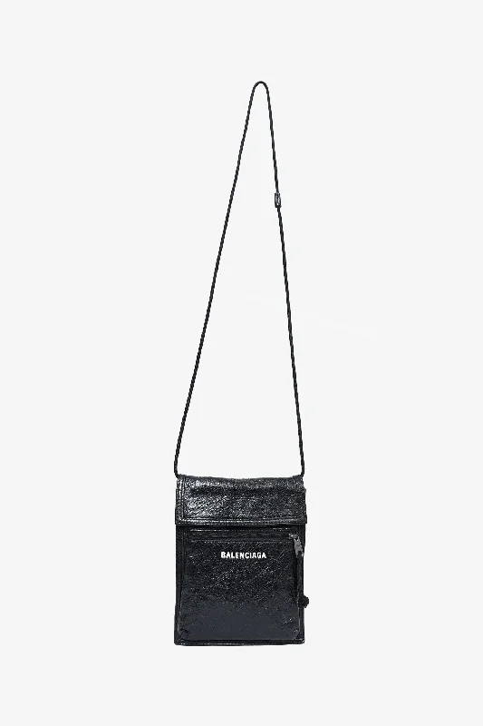 Additional Time-Limited Offers Balenciaga Black Crinkled Leather Explorer Pouch Crossbody
