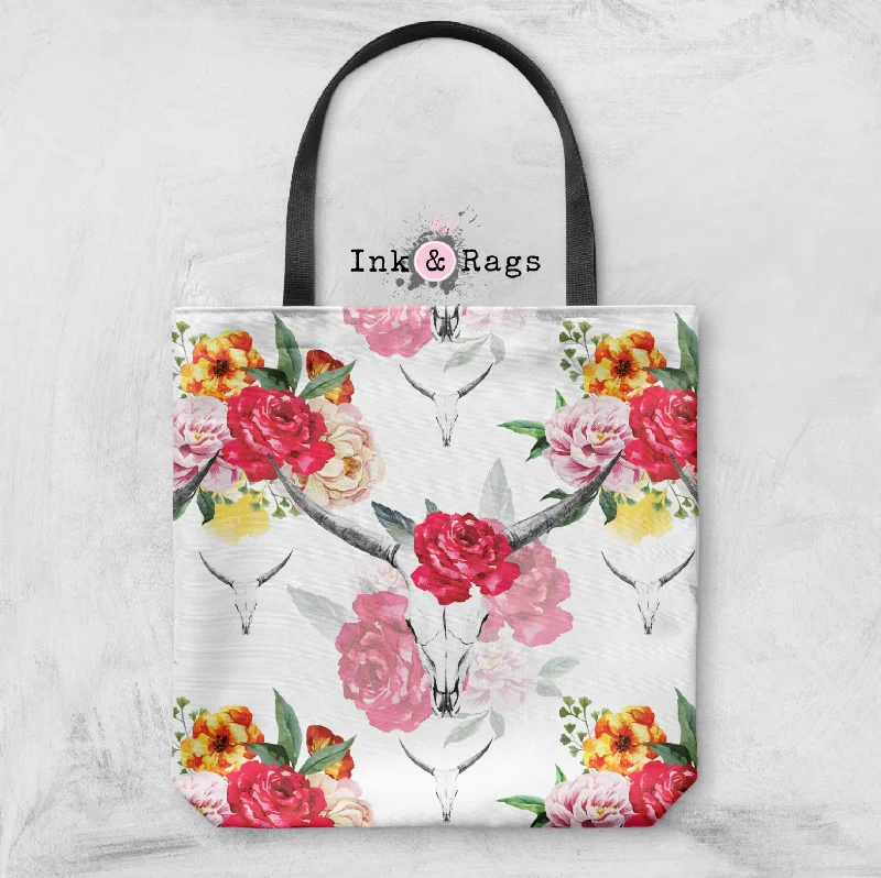 Bags For Playful And Chic Styles Bull Skull and Spring Flower Casual Tote
