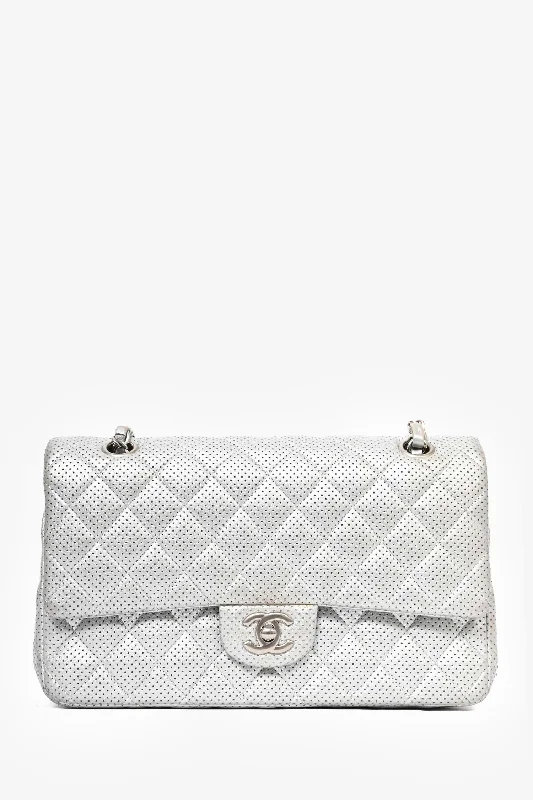 Seasonal Clearance Bags For Summer, Winter, Etc. Pre-Loved Chanel™ 2014 Silver Perforated Leather Medium Double Flap Shoulder Bag