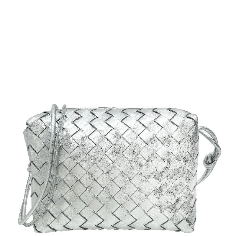 Dive Into Trendy Styles Bottega Veneta Metallic Silver Laminated Intrecciato Nappa Loop Small Camera Bag