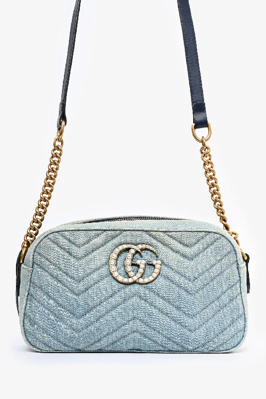 Limited Time Gucci Blue Denim Pearly GG Small Marmont Camera Bag