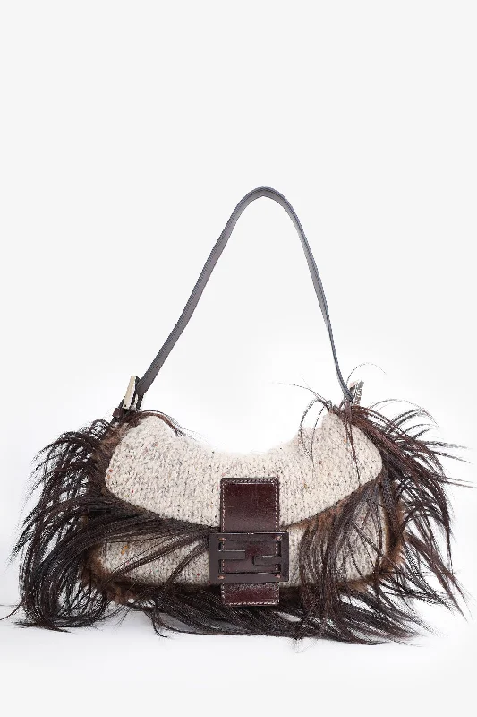 Catch Every Fashion Trend Fendi Brown/Beige Goat Hair-Trimmed Knit Baguette