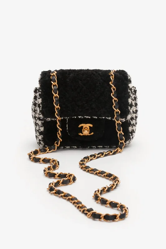 Spring Fashion Pre-Loved Chanel™ Black/White Tweed Shearling Single Flap Square Bag