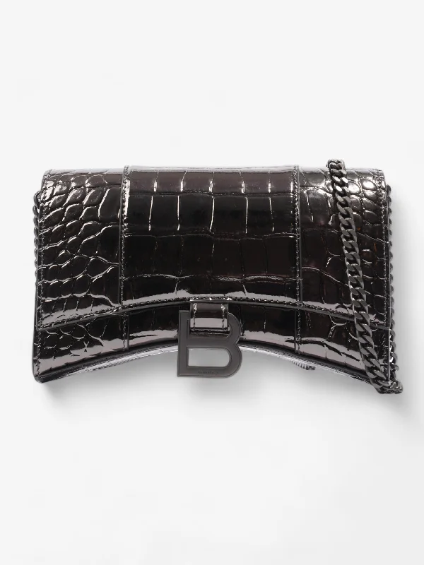 Hot Brand Discounts Balenciaga Croc Hourglass Wallet On Chain Dark Silver Embossed Leather