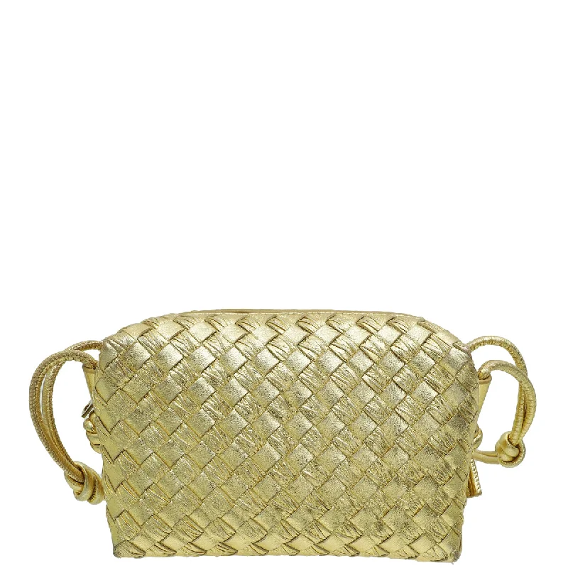 Fashion Forward Bottega Veneta Gold Intrecciato Laminated Mini Loop Camera Crossbody Bag