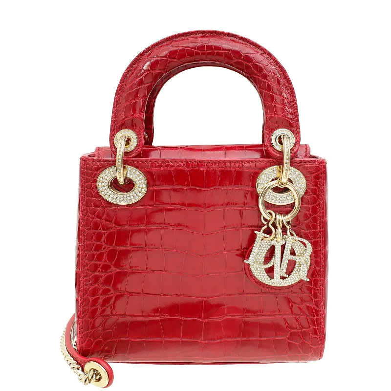 New Styles Just In Christian Dior Red Alligator Lady Dior Mini Crystal Bag