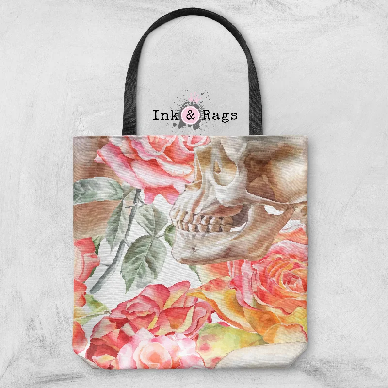 Black Friday Deals On Stylish Handbags Peach Watercolor Rose and Skull Casual Tote