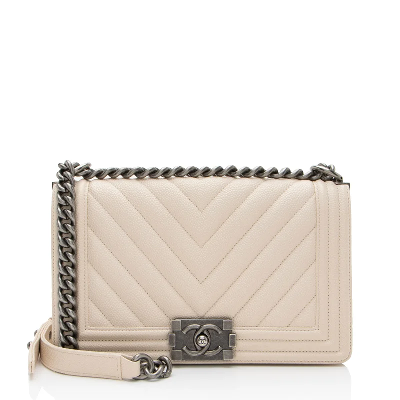 Spacious Bags With Holiday Promotions Chanel Chevron Caviar Leather Old Medium Boy Bag (SHF-00KAcN)