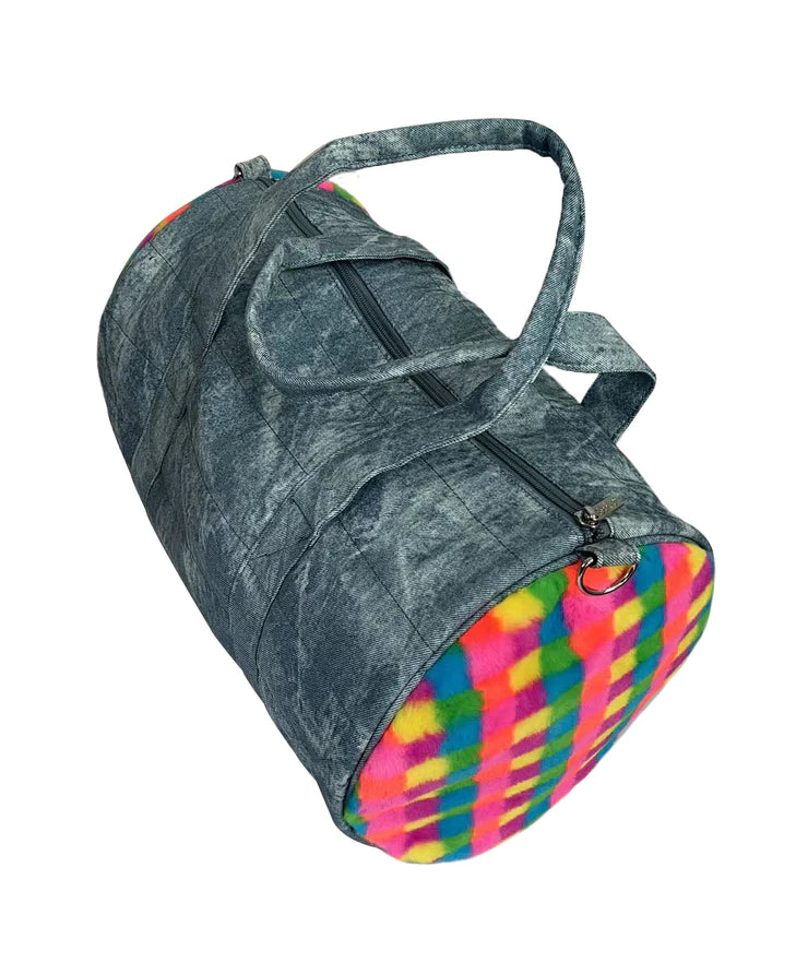 Seasonal Clearance Bags For Summer, Winter, Etc. Bari Lynn Denim Duffle Bag w/ Rainbow Checkered Sides Seasonal Clearance Bags For Summer, Winter, Etc. Bari Lynn Denim Duffle Bag w/ Rainbow Checkered Sides