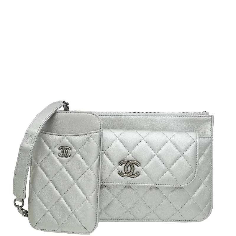 Handbag For Fashion Chanel Silver Grey CC Multi Pochette Crossbody Bag
