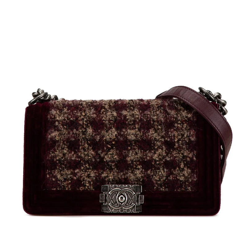 Stylish Yet Affordable Bags Red Chanel Medium Velvet and Tweed Boy Flap Shoulder Bag