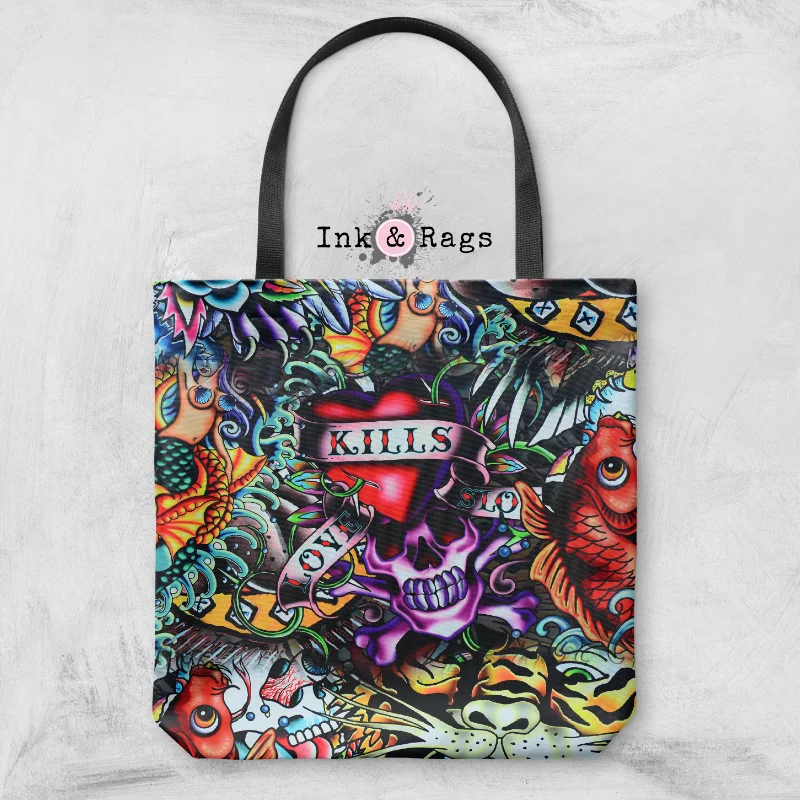 Professional Bags With Office Discounts Love Kills Retro Tattoo Skull Casual Tote