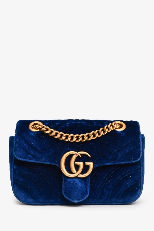 Flash Sale, Don't Miss Gucci Blue Valvet Quilted GG Marmont Mini Shoulder Bag (As Is)