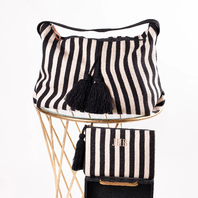 Trend Leading Collection Phoenix Collection Set Handbag & Cosmetic - Black/Ivory Stripe