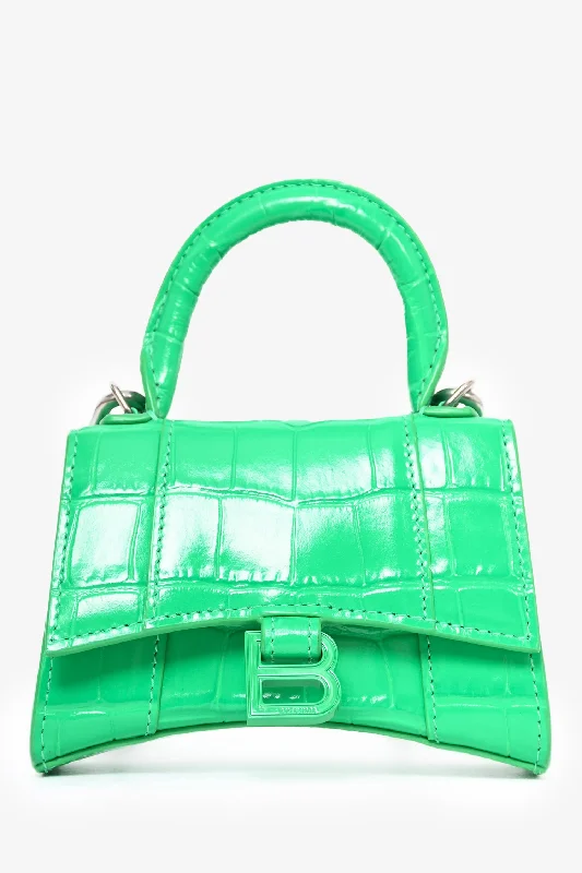 Chic And Trendy Balenciaga Green Croc Embossed Hourglass Mini Chain Bag