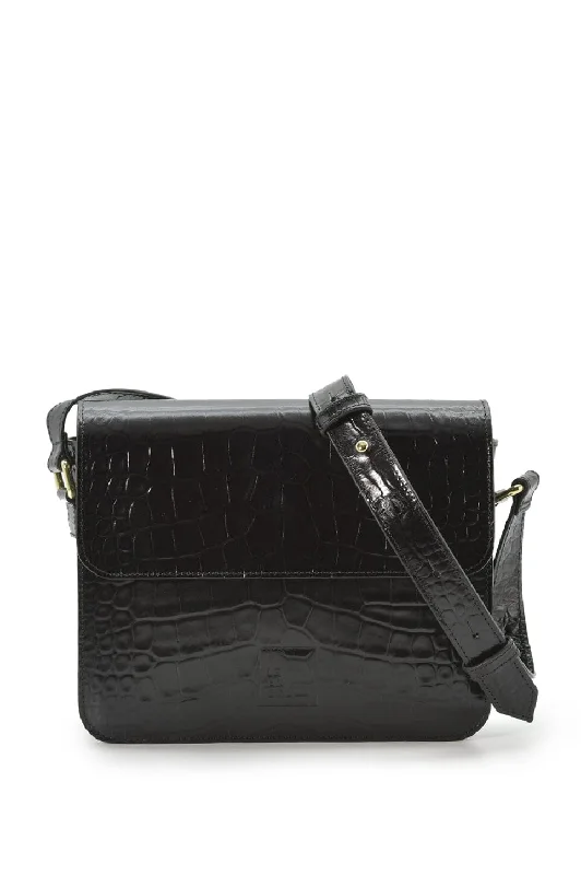 Square shoulder bag with printed black leather flap