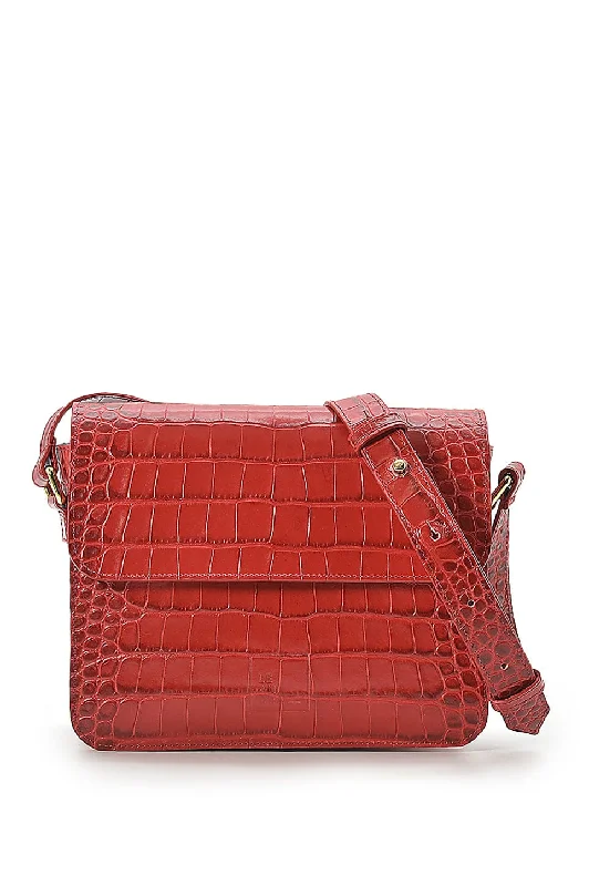 Square shoulder bag with printed red leather flap