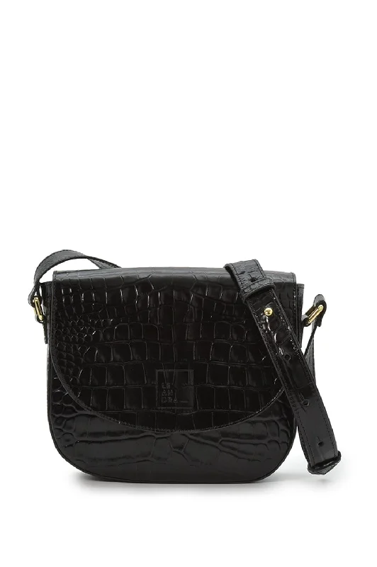 Black Coconut Embossed Leather Flap Crossbody Bag