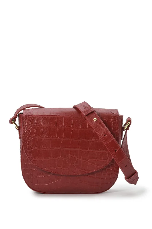 Soft red coconut engraved leather flap shoulder bag