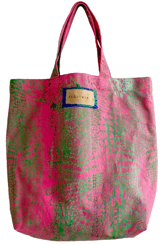 Hand Dyed & Printed Canvas Tote - Pink & Green Alligator