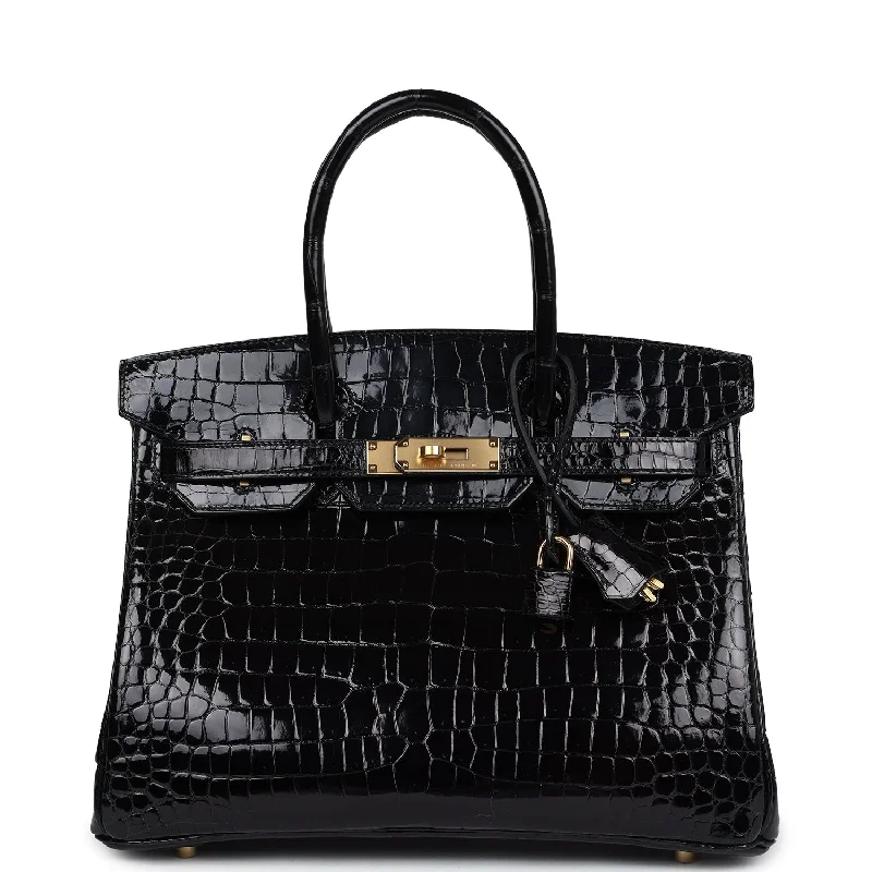 Hermes Birkin 30 Black Shiny Porosus Crocodile Gold Hardware