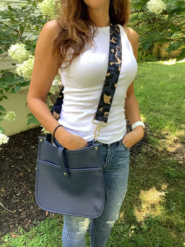 Trendy Bags For Teenage Girls Navy Vegan Leather Messenger Bag with Leopard Strap Trendy Bags For Teenage Girls