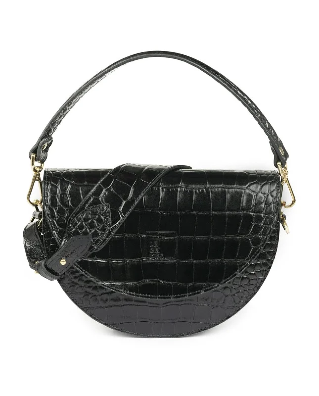 Crocodile print Leather saddle bag - Black