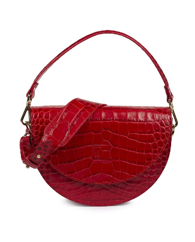 Crocodile print Leather saddle bag - Red