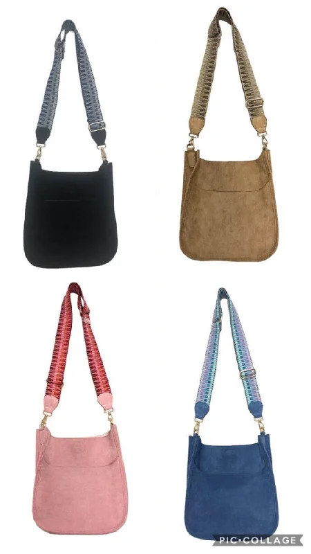 Seasonal Clearance Bags For Summer, Winter, Etc. SUEDE MESSENGER W/EMBROIDERED 2” ADJUSTABLE STRAP - ASSORTED COLORS Seasonal Clearance Bags For Summer, Winter, Etc.