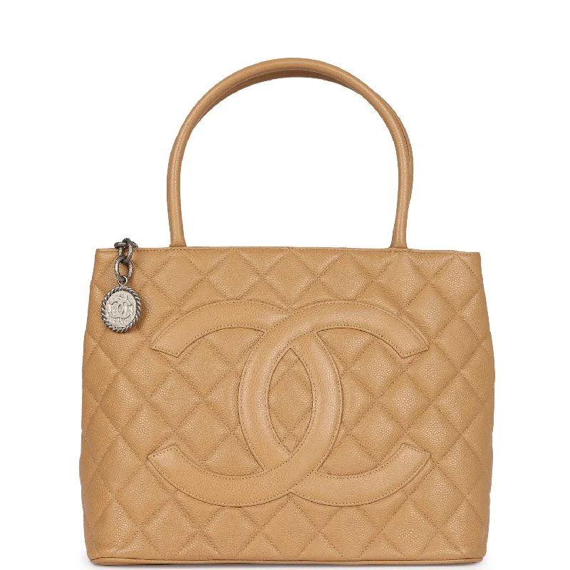 Vintage-Inspired Vintage Chanel Medallion Tote Bag Beige Caviar Silver Hardware Vintage-Inspired
