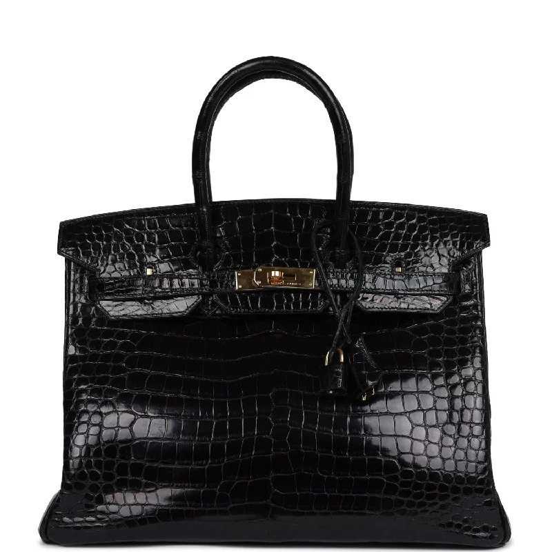 Pre-owned Hermes Birkin 35 Black Shiny Porosus Crocodile Gold Hardware