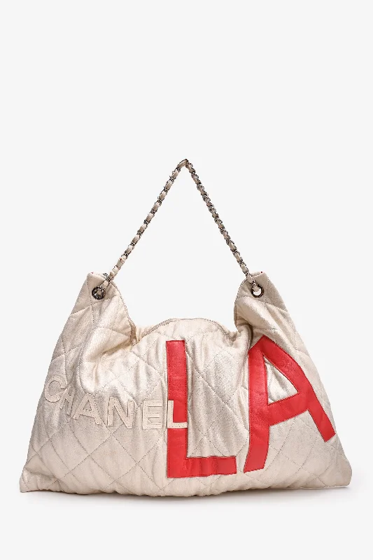 Pre-Loved Chanel™ 2008/09 Beige Metallic Cloth Quilted Jumbo LA Logo Hobo Chain Tote