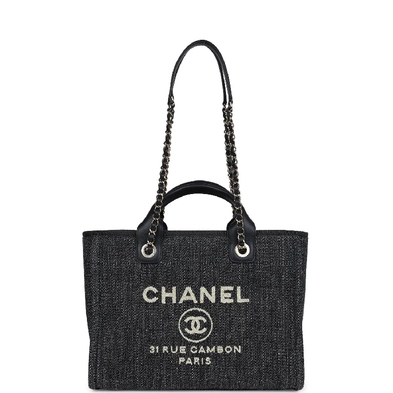 Chanel Small Deauville Shopping Tote Dark Blue Denim Light Gold Hardware