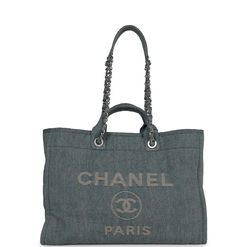 Chanel Large Deauville Shopping Tote Distressed Blue Denim Silver Hardware