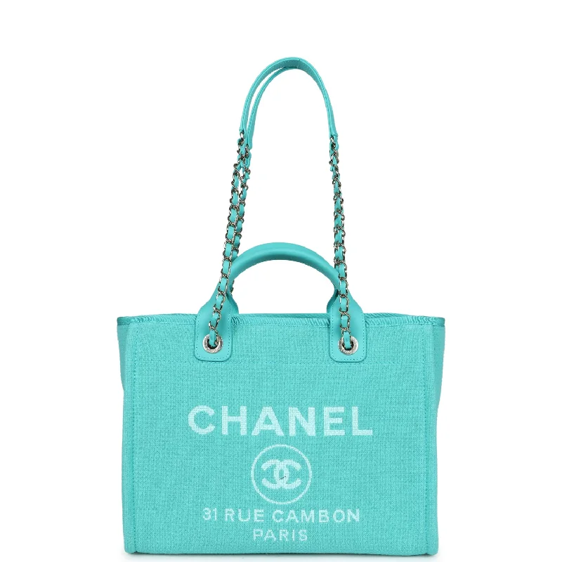 Chanel Small Deauville Shopping Tote Turquoise Canvas Light Gold Hardware