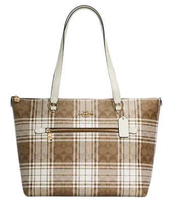 Coach Gallery Tote In Signature Canvas With Hunting Fishing Plaid Print