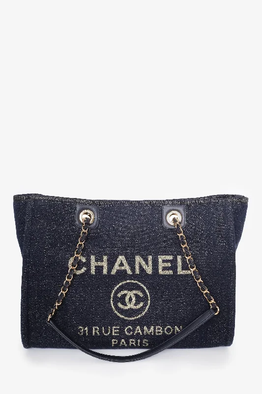 Pre-Loved Chanel™ 2018-19 Navy Glitter Canvas Deauville Tote Bag