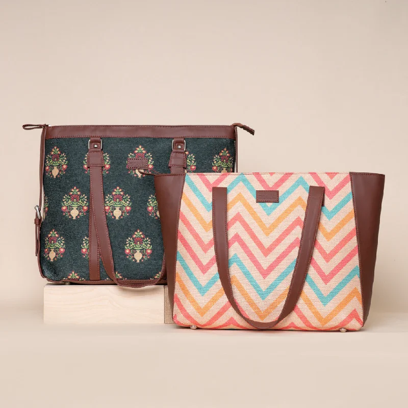 Royal Green Mogra Print & WavBeach - Office Bag & Side Tote Bag Combo