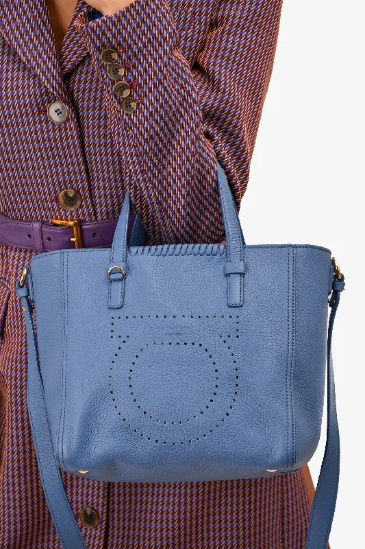 Salvatore Ferragamo Blue Grained Leather Perforated Mini 'Marta' Tote with Strap